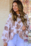 LC25314587-17-S, LC25314587-17-M, LC25314587-17-L, LC25314587-17-XL, Brown Cow Spots Print Drop Shoulder Puff Sleeve Sweatshirt