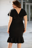 PL61521-2-1X, PL61521-2-2X, PL61521-2-3X, Black Plus Size Pleated V Neck Ruffle Hem Bodycon Dress