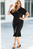 PL61521-2-1X, PL61521-2-2X, PL61521-2-3X, Black Plus Size Pleated V Neck Ruffle Hem Bodycon Dress