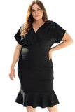 PL61521-2-1X, PL61521-2-2X, PL61521-2-3X, Black Plus Size Pleated V Neck Ruffle Hem Bodycon Dress