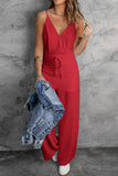 LC643831-3-S, LC643831-3-M, LC643831-3-L, LC643831-3-XL, LC643831-3-XS, Red Solid Spaghetti Strap Wide Leg Drawstring High Waist Jumpsuit