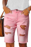 Women's Pink Slim Fit Above Knee Length Ripped Holes Pants