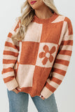 Women's Checkered Floral Print Striped Sleeve Sweater Pullover