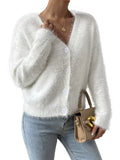 Women's Furry Cropped Cardigan Open Front Button Down Loose Knit Sweater Coat