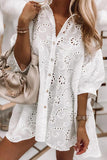 LC6116623-1-S, LC6116623-1-M, LC6116623-1-L, LC6116623-1-XL, White Eyelet Floral Pattern Shirt Babydoll Dress