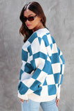 LC271943-5-S, LC271943-5-M, LC271943-5-L, LC271943-5-XL, LC271943-5-2XL, Blue Contrast Checkered Print Button Up Sweater Cardigan 