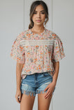 LC25121211-22-S, LC25121211-22-M, LC25121211-22-L, LC25121211-22-XL, Multicolor Floral Print Wide Ruffle Sleeves Blouse