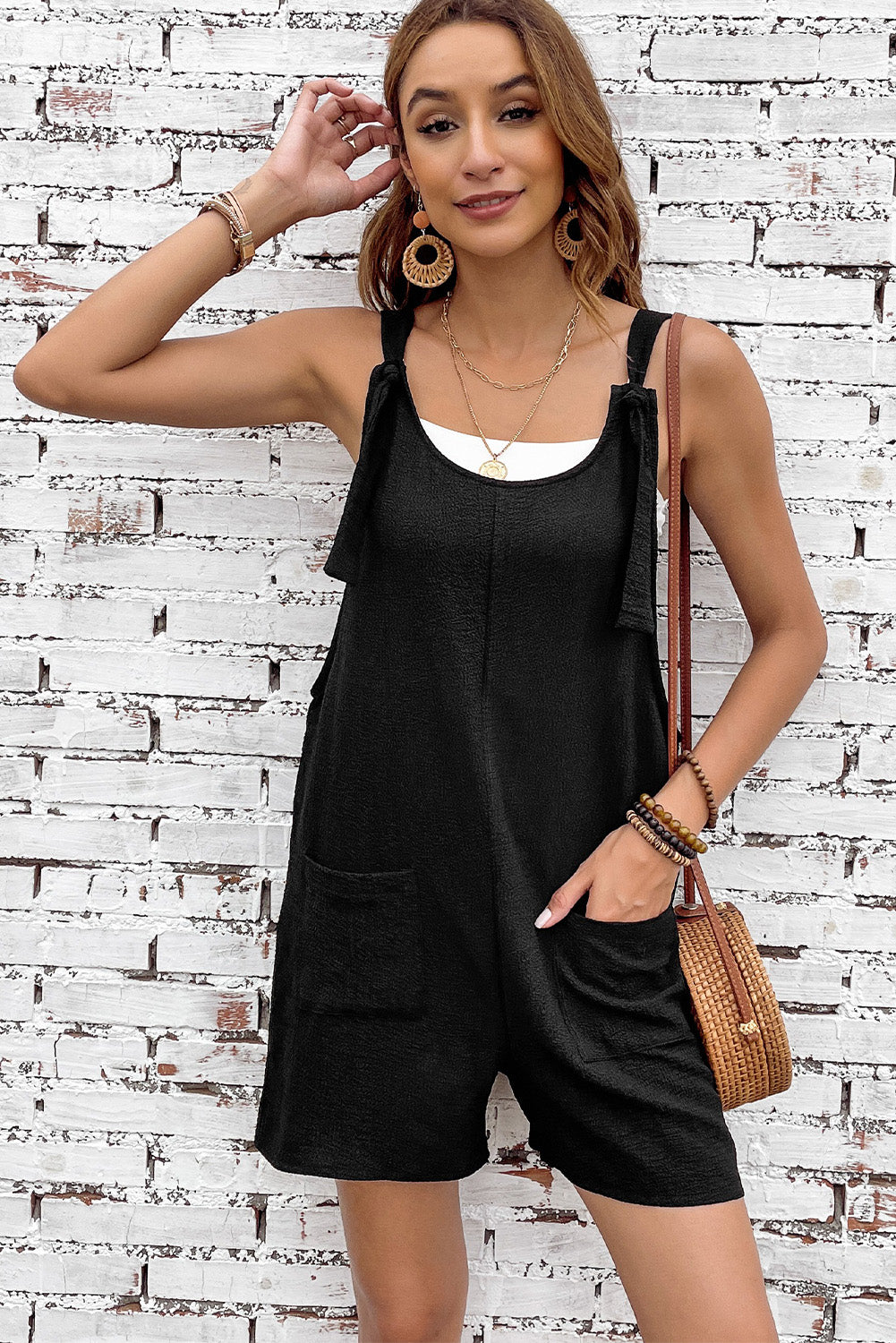 LC6412245-2-S, LC6412245-2-M, LC6412245-2-L, LC6412245-2-XL, LC6412245-2-2XL, Black Adjustable Straps Pocketed Textured Romper