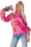 LC2722987-6-S, LC2722987-6-M, LC2722987-6-L, LC2722987-6-XL, Rose Big Flower Knit Ribbed Trim Sweater