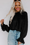 LC25121763-2-S, LC25121763-2-M, LC25121763-2-L, LC25121763-2-XL, Black Striking Pleated Flared Cuff Long Sleeve Blouse