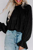 LC25121763-2-S, LC25121763-2-M, LC25121763-2-L, LC25121763-2-XL, Black Striking Pleated Flared Cuff Long Sleeve Blouse