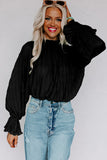 LC25121763-2-S, LC25121763-2-M, LC25121763-2-L, LC25121763-2-XL, Black Striking Pleated Flared Cuff Long Sleeve Blouse