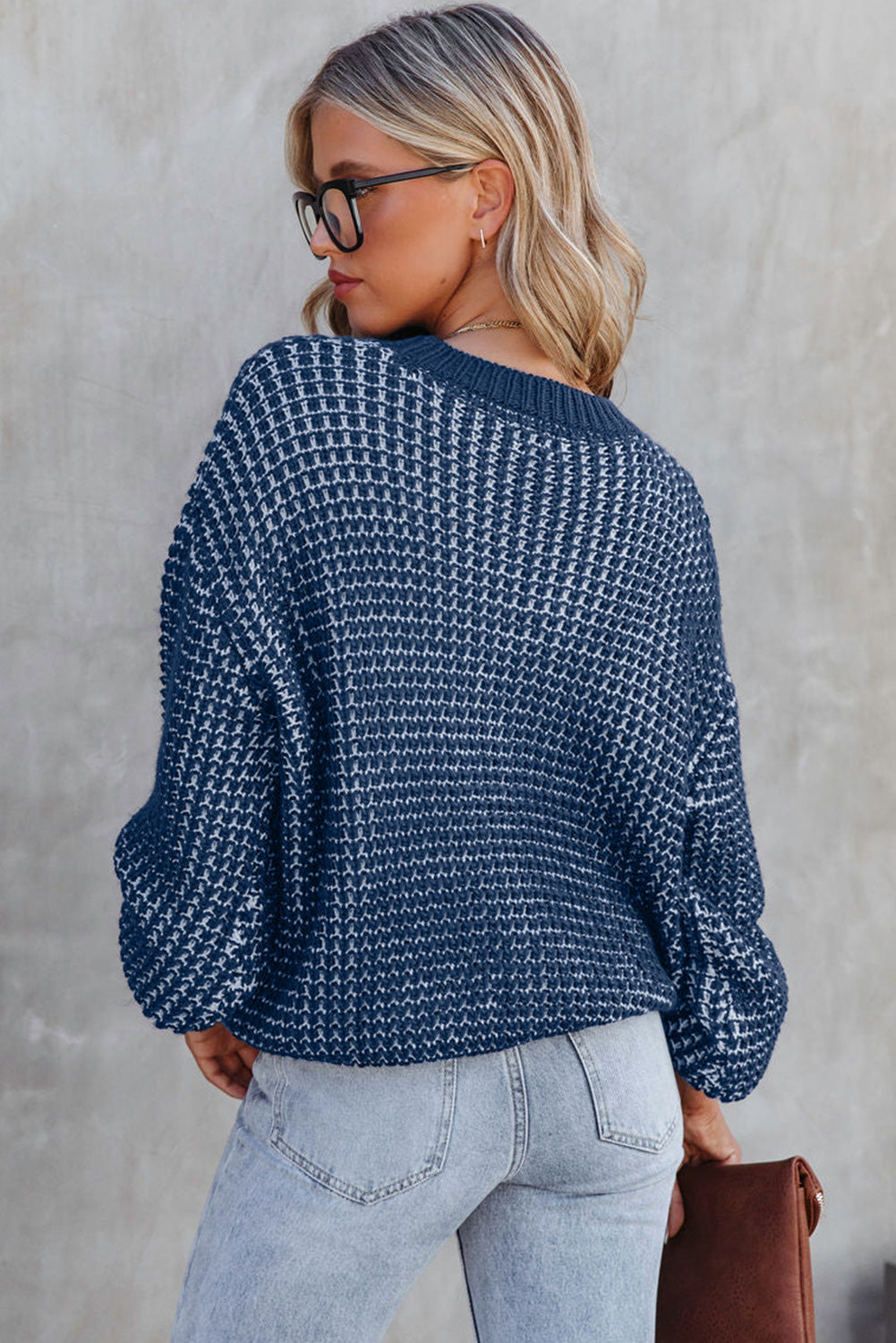 LC2722915-5-S, LC2722915-5-M, LC2722915-5-L, LC2722915-5-XL, LC2722915-5-2XL, Blue Heathered Knit Drop Shoulder Puff Sleeve Sweater