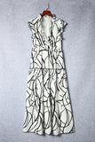 LC6115406-1-S, LC6115406-1-M, LC6115406-1-L, LC6115406-1-XL, White Abstract Vein Print V Neck Ruffle Maxi Dress