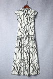 LC6115406-1-S, LC6115406-1-M, LC6115406-1-L, LC6115406-1-XL, White Abstract Vein Print V Neck Ruffle Maxi Dress
