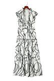 LC6115406-1-S, LC6115406-1-M, LC6115406-1-L, LC6115406-1-XL, White Abstract Vein Print V Neck Ruffle Maxi Dress