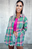 LC2553614-9-S, LC2553614-9-M, LC2553614-9-L, LC2553614-9-XL, LC2553614-9-2XL, Green Plaid Long Sleeve Button Down Split Shirt
