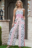 LC6411870-3-S, LC6411870-3-M, LC6411870-3-L, LC6411870-3-XL, Red Leopard Color Block Mix Print Pocketed Jumpsuit