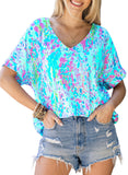 Women's Casual Loose Short Sleeve Tee Painted Floral Blouse Shirt