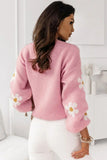 LC2722985-10-S, LC2722985-10-M, LC2722985-10-L, LC2722985-10-XL, Pink Floral Pattern Drop Shoulder Sweater