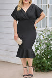 PL61521-2-1X, PL61521-2-2X, PL61521-2-3X, Black Plus Size Pleated V Neck Ruffle Hem Bodycon Dress