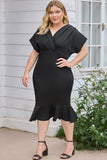 PL61521-2-1X, PL61521-2-2X, PL61521-2-3X, Black Plus Size Pleated V Neck Ruffle Hem Bodycon Dress