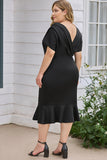 PL61521-2-1X, PL61521-2-2X, PL61521-2-3X, Black Plus Size Pleated V Neck Ruffle Hem Bodycon Dress