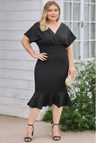 PL61521-2-1X, PL61521-2-2X, PL61521-2-3X, Black Plus Size Pleated V Neck Ruffle Hem Bodycon Dress
