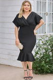 PL61521-2-1X, PL61521-2-2X, PL61521-2-3X, Black Plus Size Pleated V Neck Ruffle Hem Bodycon Dress