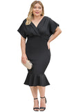 PL61521-2-1X, PL61521-2-2X, PL61521-2-3X, Black Plus Size Pleated V Neck Ruffle Hem Bodycon Dress