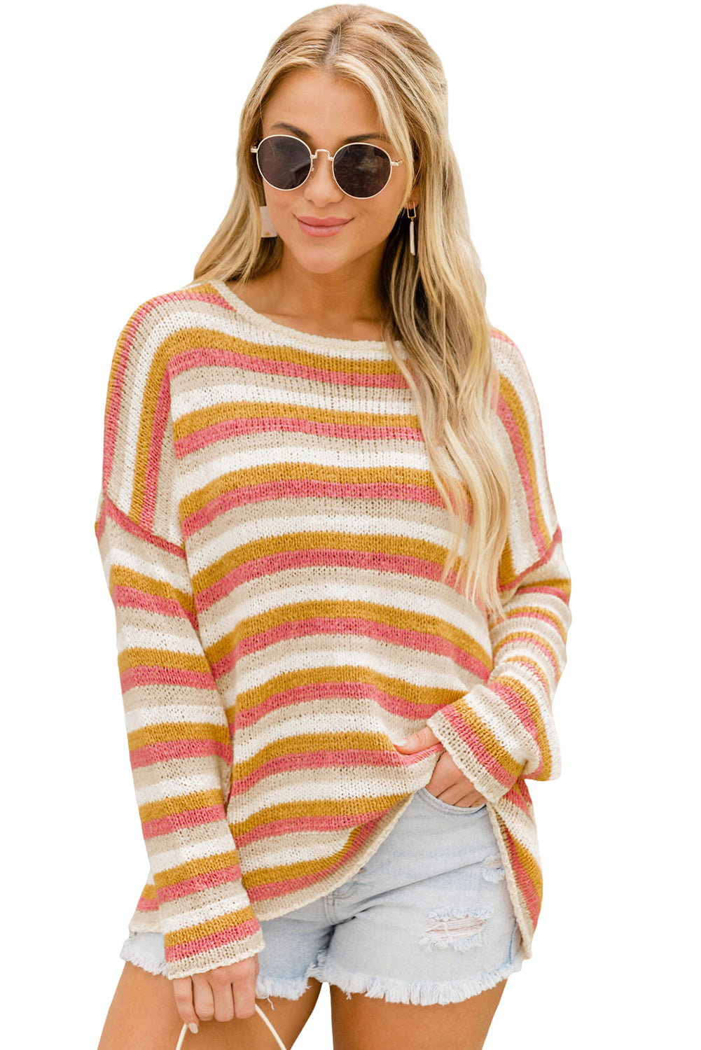 LC2723032-14-S, LC2723032-14-M, LC2723032-14-L, LC2723032-14-XL, Orange Stripe Long Sleeve Knitted Sweater 