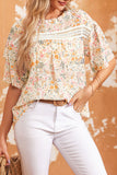 LC25121211-22-S, LC25121211-22-M, LC25121211-22-L, LC25121211-22-XL, Multicolor Floral Print Wide Ruffle Sleeves Blouse