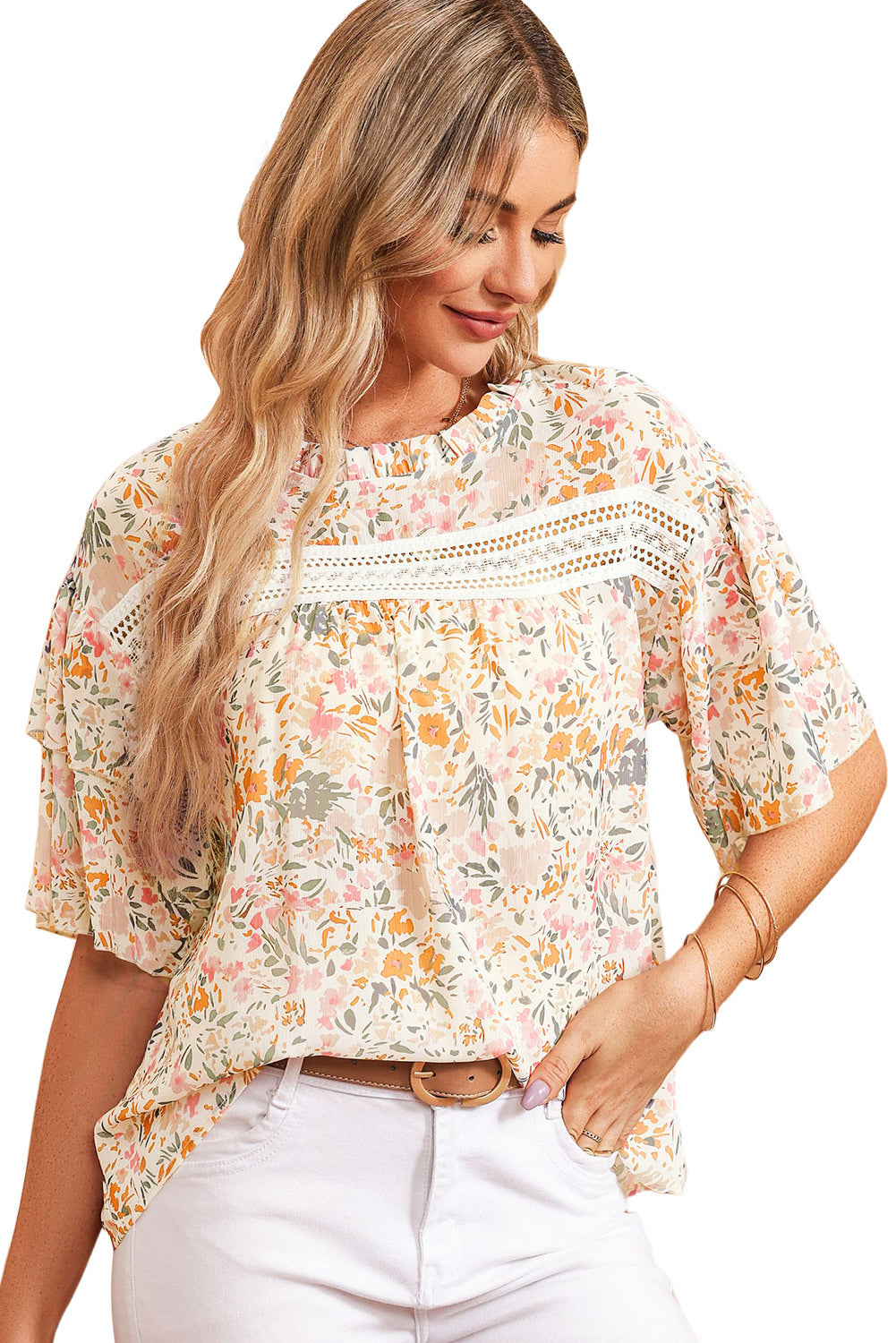 LC25121211-22-S, LC25121211-22-M, LC25121211-22-L, LC25121211-22-XL, Multicolor Floral Print Wide Ruffle Sleeves Blouse
