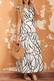LC6115406-1-S, LC6115406-1-M, LC6115406-1-L, LC6115406-1-XL, White Abstract Vein Print V Neck Ruffle Maxi Dress
