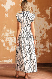 LC6115406-1-S, LC6115406-1-M, LC6115406-1-L, LC6115406-1-XL, White Abstract Vein Print V Neck Ruffle Maxi Dress