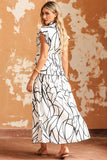 LC6115406-1-S, LC6115406-1-M, LC6115406-1-L, LC6115406-1-XL, White Abstract Vein Print V Neck Ruffle Maxi Dress
