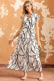 LC6115406-1-S, LC6115406-1-M, LC6115406-1-L, LC6115406-1-XL, White Abstract Vein Print V Neck Ruffle Maxi Dress