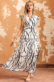 LC6115406-1-S, LC6115406-1-M, LC6115406-1-L, LC6115406-1-XL, White Abstract Vein Print V Neck Ruffle Maxi Dress