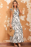 LC6115406-1-S, LC6115406-1-M, LC6115406-1-L, LC6115406-1-XL, White Abstract Vein Print V Neck Ruffle Maxi Dress