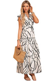 LC6115406-1-S, LC6115406-1-M, LC6115406-1-L, LC6115406-1-XL, White Abstract Vein Print V Neck Ruffle Maxi Dress