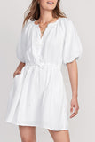 LC6115924-1-S, LC6115924-1-M, LC6115924-1-L, LC6115924-1-XL, White Puff Sleeve Drawstring Shirt Dress with Pockets