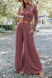 LC625150-10-S, LC625150-10-M, LC625150-10-L, LC625150-10-XL, Pink Solid Color Ribbed Crop Top Long Pants Set