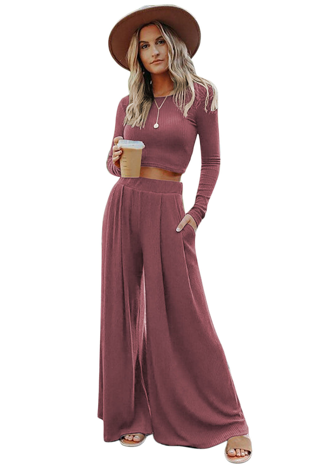 LC625150-10-S, LC625150-10-M, LC625150-10-L, LC625150-10-XL, Pink Solid Color Ribbed Crop Top Long Pants Set