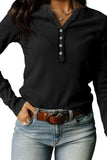 LC25121882-2-S, LC25121882-2-M, LC25121882-2-L, LC25121882-2-XL, LC25121882-2-2XL, Black Trimmed Neckline Waffle Knit Henley Top