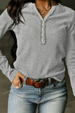 LC25121882-11-S, LC25121882-11-M, LC25121882-11-L, LC25121882-11-XL, LC25121882-11-2XL, Gray Trimmed Neckline Waffle Knit Henley Top