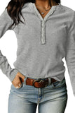 LC25121882-11-S, LC25121882-11-M, LC25121882-11-L, LC25121882-11-XL, LC25121882-11-2XL, Gray Trimmed Neckline Waffle Knit Henley Top