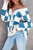 LC271943-5-S, LC271943-5-M, LC271943-5-L, LC271943-5-XL, LC271943-5-2XL, Blue Contrast Checkered Print Button Up Sweater Cardigan 