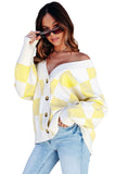 LC271943-7-S, LC271943-7-M, LC271943-7-L, LC271943-7-XL, LC271943-7-2XL, Yellow Contrast Checkered Print Button Up Sweater Cardigan 