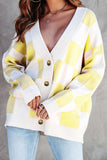 LC271943-7-S, LC271943-7-M, LC271943-7-L, LC271943-7-XL, LC271943-7-2XL, Yellow Contrast Checkered Print Button Up Sweater Cardigan 