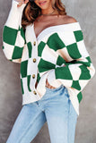 LC271943-9-S, LC271943-9-M, LC271943-9-L, LC271943-9-XL, LC271943-9-2XL, Green Contrast Checkered Print Button Up Sweater Cardigan 